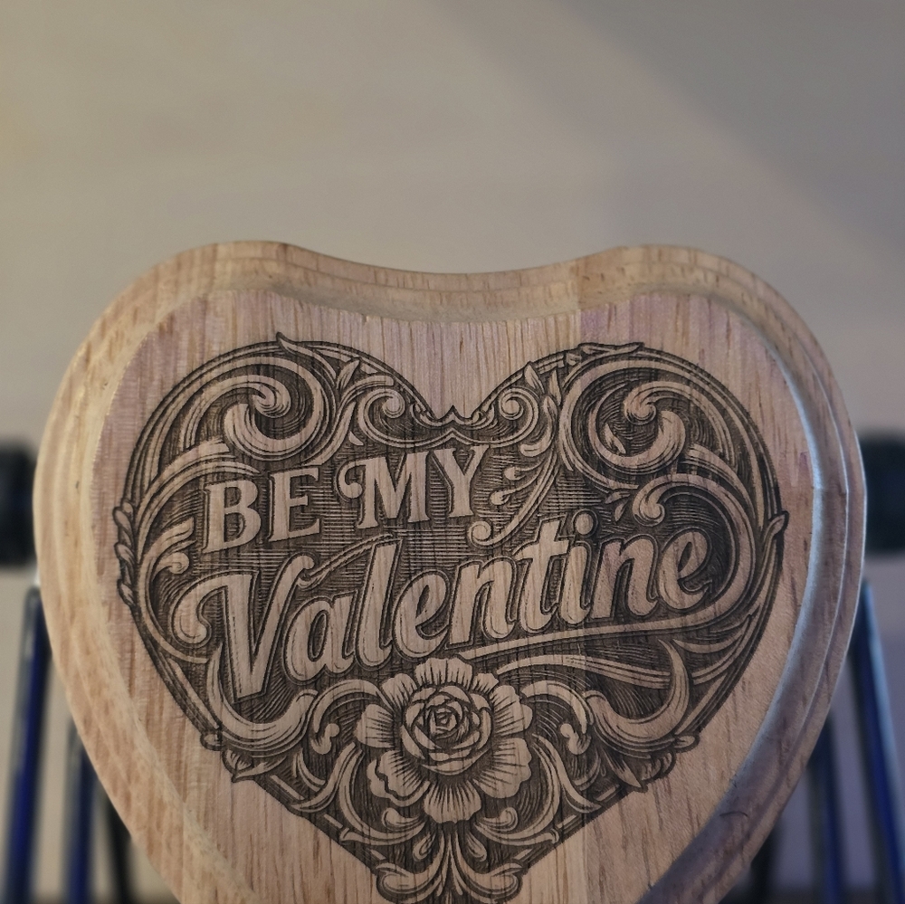 Be my Valentine Heart-Shaped Laser Engraved Wooden Plaque, 7" Wide, With Stand.